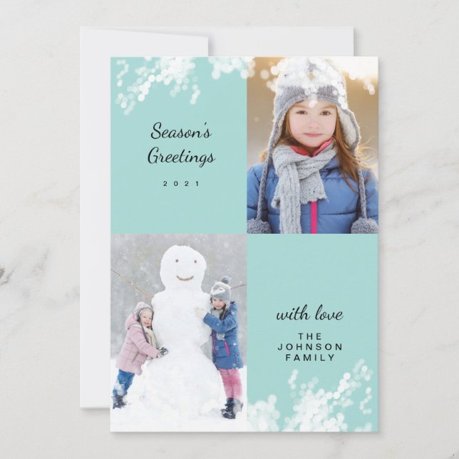 Cartes Pour Fêtes Annuelles Joyeuses vacances Aqua Snowy Minimal Photo de fami (Devant)