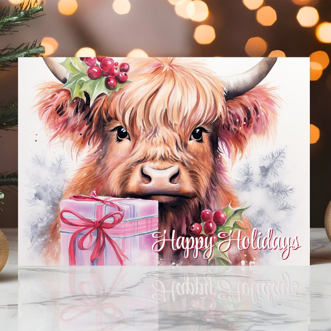 Cartes Pour Fêtes Annuelles Joyeuses vacances Aquarelle Highland Vache Noël (Créateur téléchargé)