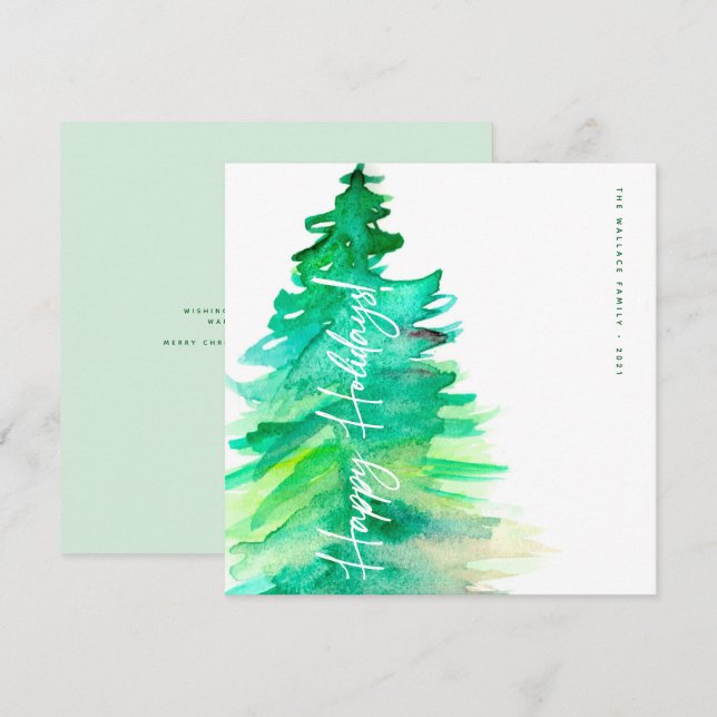 Cartes Pour Fêtes Annuelles Joyeuses vacances Aquarelle Pin vert (Devant / Derrière)
