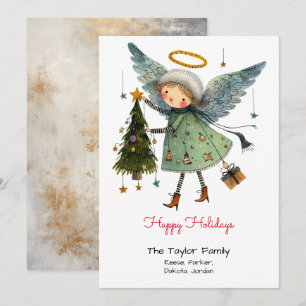 Cartes Pour Fêtes Annuelles Joyeuses vacances avec Ange et arbre capricieux