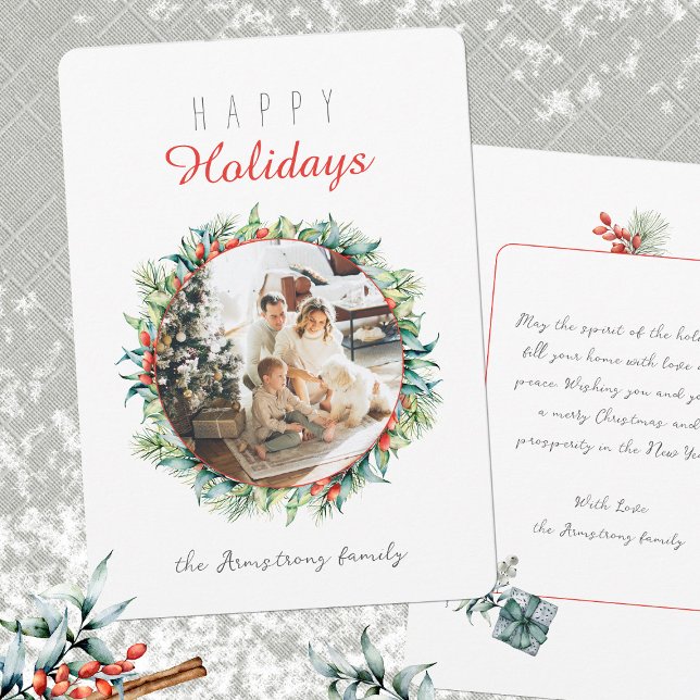 Cartes Pour Fêtes Annuelles Joyeuses vacances Botanical Wreath Photo (Happy Holidays Botanical Wreath Photo Holiday Card ©Susanne Sachers - Sunny Mind Design 🌞)