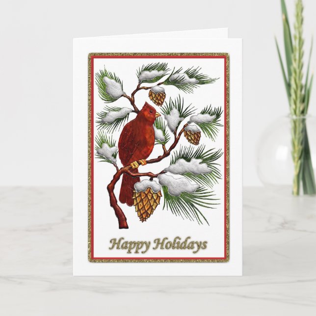 Cartes Pour Fêtes Annuelles Joyeuses Vacances - Cardinal Rouge Avec Cônes De P (Devant)