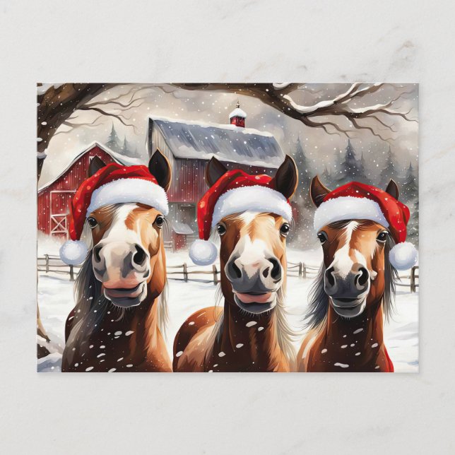 Cartes Pour Fêtes Annuelles Joyeuses vacances Chevaux mignons Santa Hat (Devant)