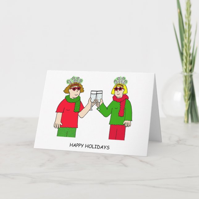 Cartes Pour Fêtes Annuelles Joyeuses vacances Couple lesbien dans des tenues f (Devant)