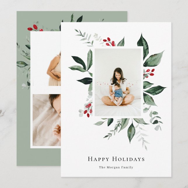 Cartes Pour Fêtes Annuelles Joyeuses vacances hiver Berry Botanical Photo (Devant / Derrière)