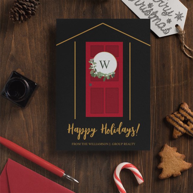 Cartes Pour Fêtes Annuelles Joyeuses vacances Immobilier Monogramme Porte cour (Modern Red door monogram real estate agent Happy Holidays business greeting xmas card.)