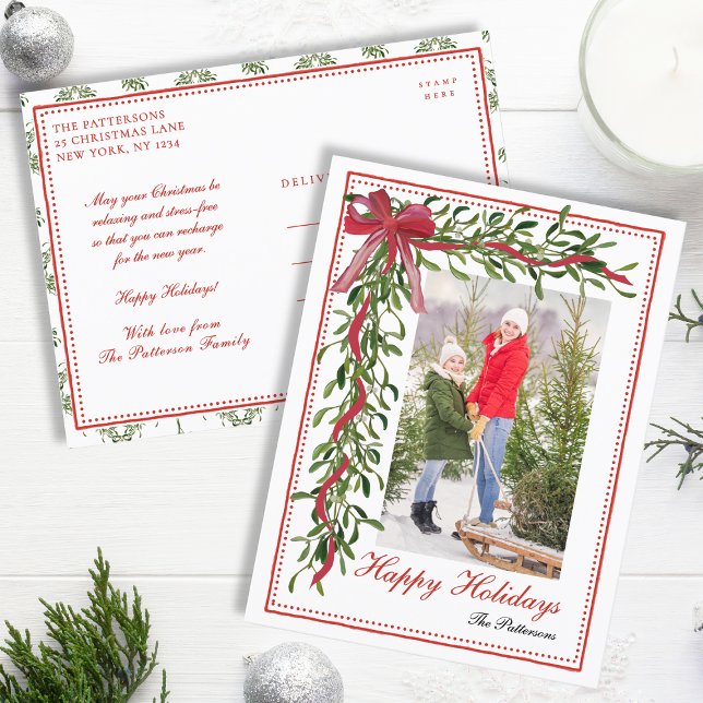 Cartes Pour Fêtes Annuelles Joyeuses vacances Mistletoe Red Bow Family Photo (Créateur téléchargé)