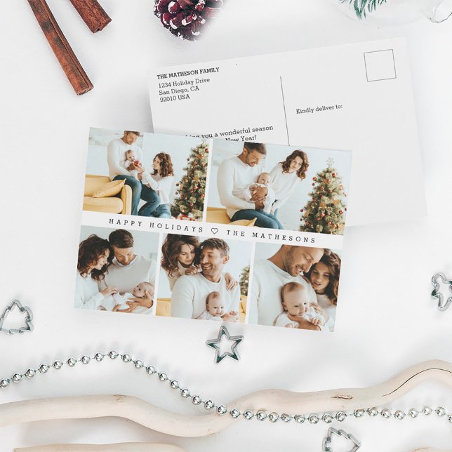 Cartes Pour Fêtes Annuelles Joyeuses Vacances Moderne Minimal Multi Photo Grid (Happy Holidays Multi photo grid Christmas postcard.)