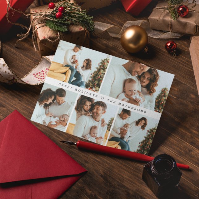 Cartes Pour Fêtes Annuelles Joyeuses Vacances Moderne Minimal Multi Photo Grid (Modern Family photo collage Happy Holidays Christmas greeting card.)