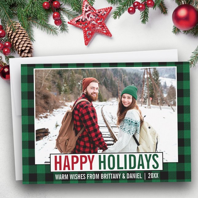 Cartes Pour Fêtes Annuelles Joyeuses Vacances Modernes Photo Green Plaid (Customize to add text to back of card.)