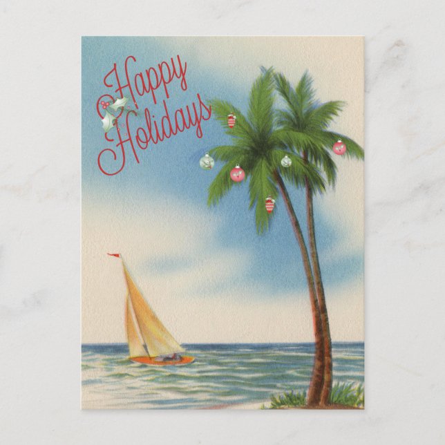 Cartes Pour Fêtes Annuelles Joyeuses vacances Palm Tree et voilier (Devant)