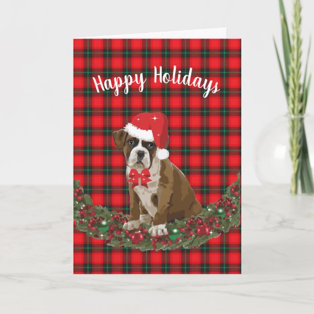 Cartes Pour Fêtes Annuelles Joyeuses Vacances Pet Boxer Puppy Plaid Santa Hat (Devant)