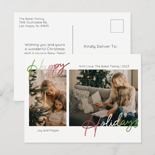 Cartes Pour Fêtes Annuelles Joyeuses vacances Script photo (Devant / Derrière)