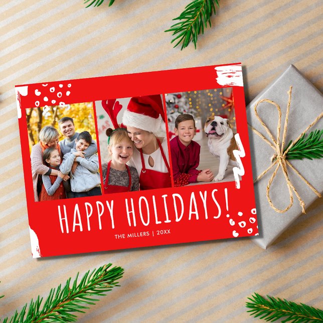 Cartes Pour Fêtes Annuelles Joyeuses vacances Trois photos Noël de famille (Happy Holidays Three Photo Family Christmas Holiday Postcard)