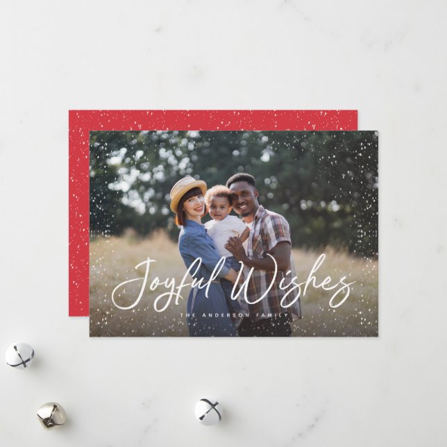 Cartes Pour Fêtes Annuelles Joyeuses Voeux Script Photo Neige Noël (Devant/Arrière en situation)