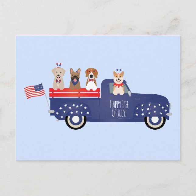 Cartes Pour Fêtes Annuelles Joyeux 4 Juillet Chiens Pickup Camion (Devant)