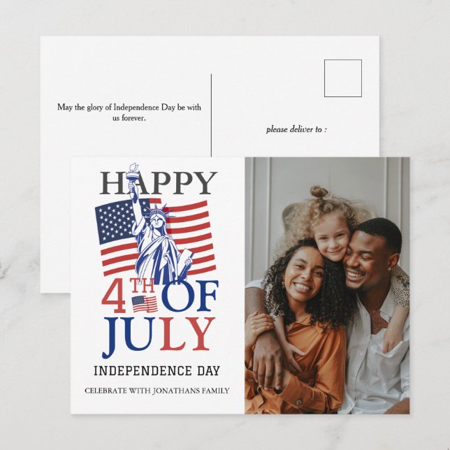 Cartes Pour Fêtes Annuelles Joyeux 4 juillet photo du Jour de l'Indépendance (Devant / Derrière)