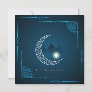 Cartes Pour Fêtes Annuelles Joyeux Aïd Blanc Croissant Étoile Mosquée Bleu 