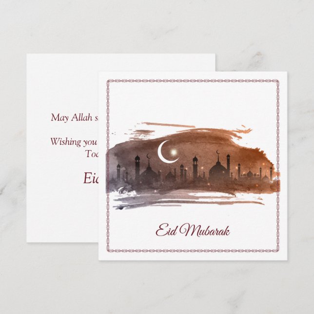 Cartes Pour Fêtes Annuelles Joyeux Aïd el-Moubarak Cresent Star Mosquée Aquare (Devant / Derrière)