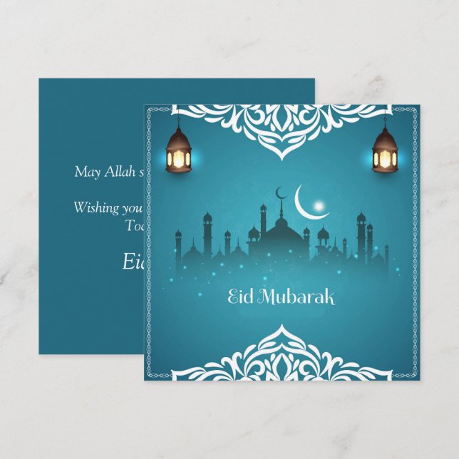 Cartes Pour Fêtes Annuelles Joyeux Aïd Moubarak Blanc Cresent Star Mosquée Ble (Devant / Derrière)