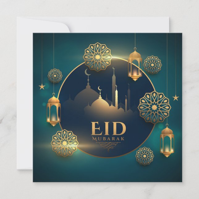 Cartes Pour Fêtes Annuelles Joyeux Aïd Moubarak Crescent Stars Lanterne islami (Devant)