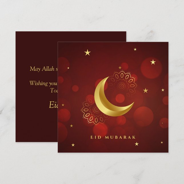 Cartes Pour Fêtes Annuelles Joyeux Aïd Moubarak Cresent Star Gold Motif Rouge (Devant / Derrière)