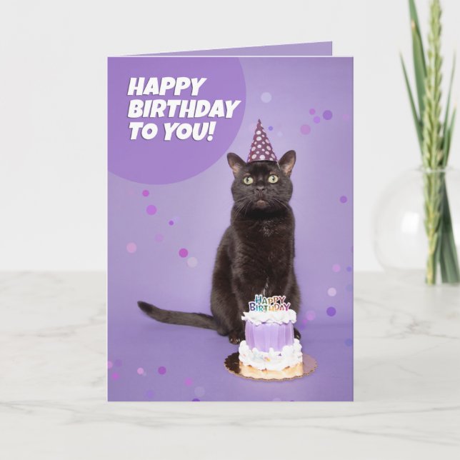 Cartes Pour Fêtes Annuelles Joyeux Anniversaire Chat noir en Casquette de fête (Devant)