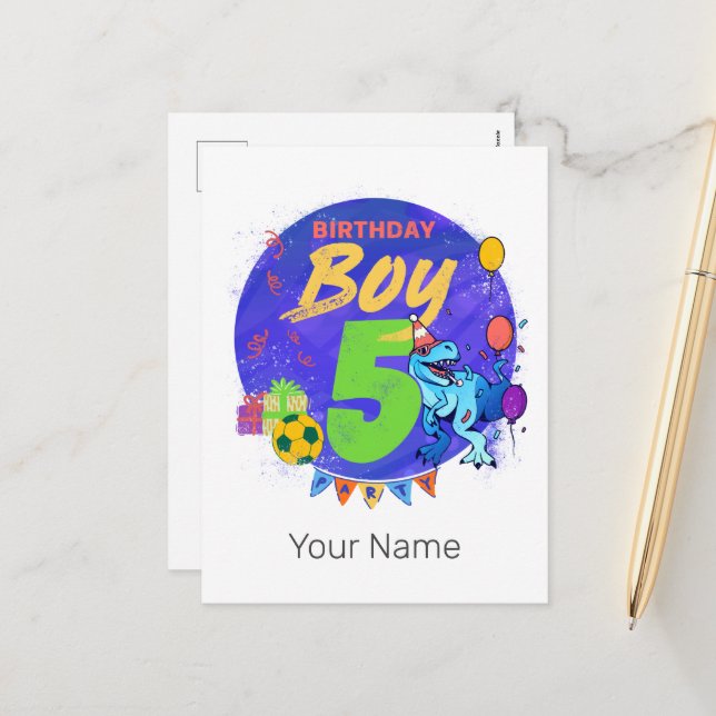 Cartes Pour Fêtes Annuelles Joyeux anniversaire garçon 5e anniversaire Dinosau (Devant/Arrière en situation)