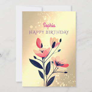 Cartes Pour Fêtes Annuelles Joyeux Anniversaire, Nom, Message, Fleurs sur Or
