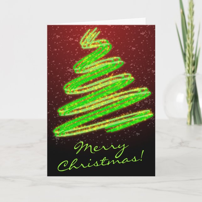 Cartes Pour Fêtes Annuelles Joyeux arbre vert néon de Noël avec neige (Devant)