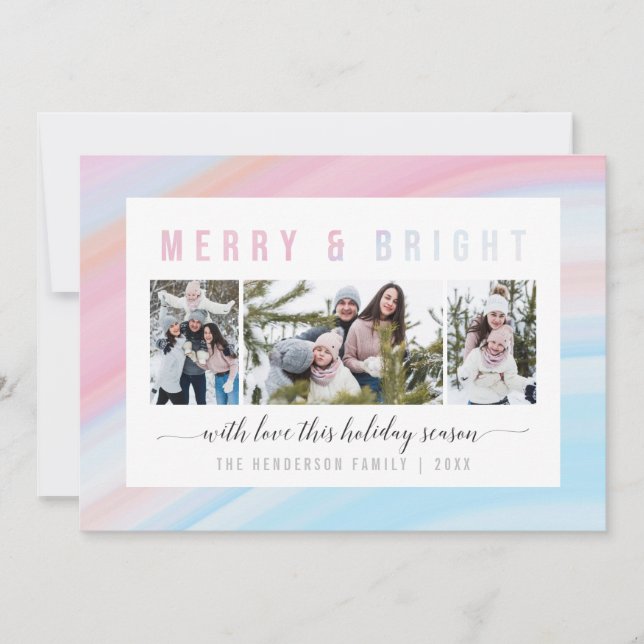 Cartes Pour Fêtes Annuelles Joyeux & Bright Pink & Blue Pastel Photo de Noël (Devant)