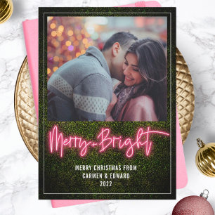 Cartes Pour Fêtes Annuelles Joyeux + Bright Pink Neon Boxwood Photo de Noël