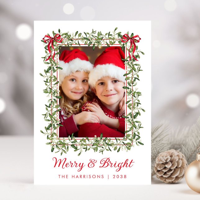 Cartes Pour Fêtes Annuelles Joyeux Bright Red Bows Green Christmas Photo (Share the love and warmth of the holiday season with this personalized photo Christmas card)