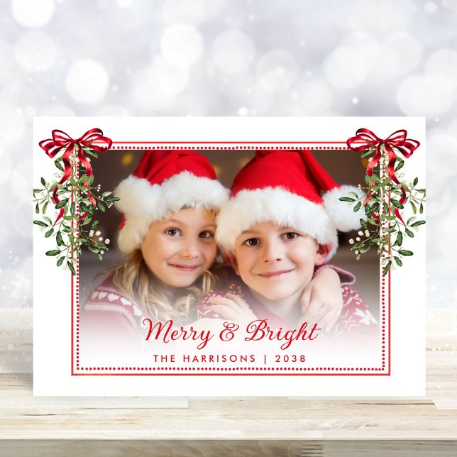 Cartes Pour Fêtes Annuelles Joyeux Bright Red Bows Green Photo Noël (Créateur téléchargé)