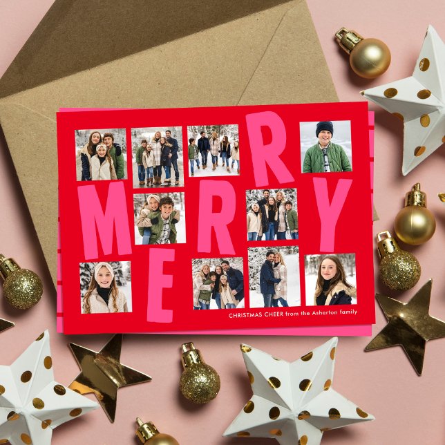 Cartes Pour Fêtes Annuelles Joyeux brillant gras 10 photo rouge rose Noël (Créateur téléchargé)