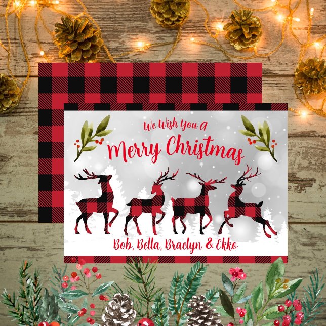 Cartes Pour Fêtes Annuelles Joyeux buffles de Noël Plaid Reindees (Merry Christmas Buffalo Plaid Reindeers Holiday Card)