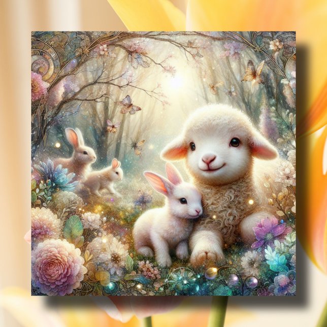 Cartes Pour Fêtes Annuelles Joyeux Bunnies Art Nouveau de Pâques Agneau Bois (Créateur téléchargé)