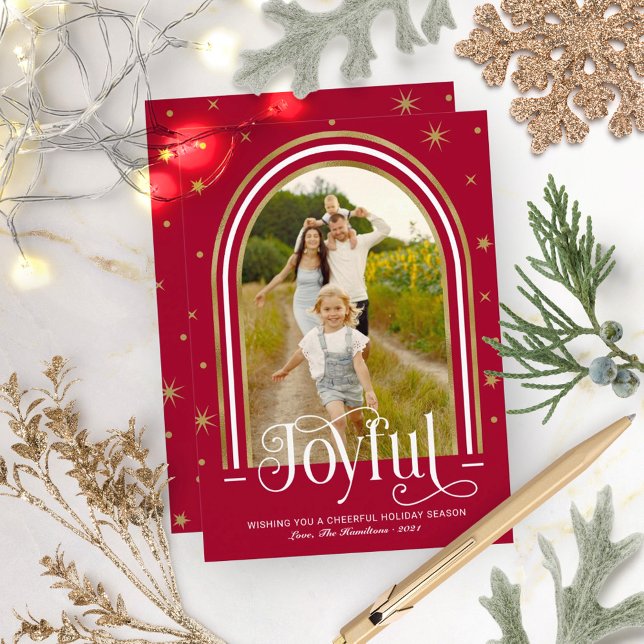 Cartes Pour Fêtes Annuelles Joyeux cadre moderne Arc Famille Photo Rouge (Créateur téléchargé)