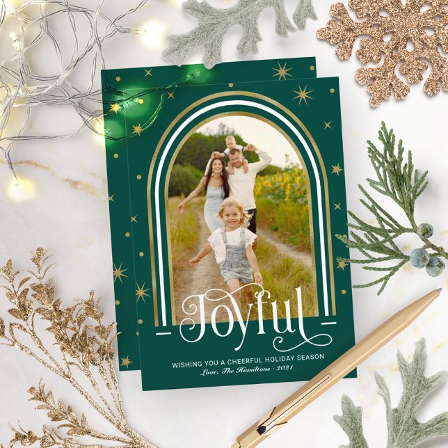 Cartes Pour Fêtes Annuelles Joyeux Cadre moderne Arc Famille Photo Vert (Créateur téléchargé)