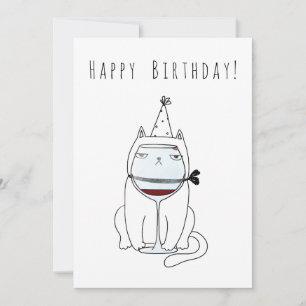 Cartes Pour Fêtes Annuelles Joyeux Chat d'Anniversaire avec Verre à Vin. Drôle