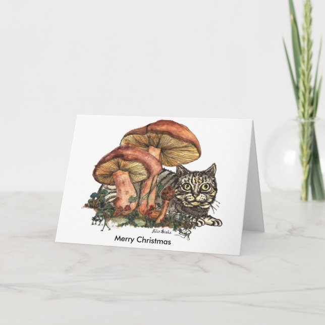 Cartes Pour Fêtes Annuelles Joyeux chat de champignons de Noël (Devant)