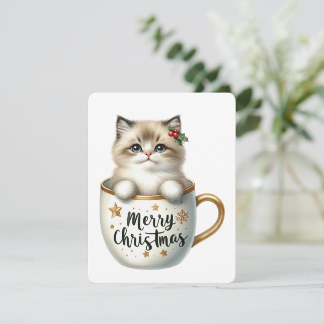 Cartes Pour Fêtes Annuelles Joyeux chat de Noël dans une tasse - Noël (Debout devant)