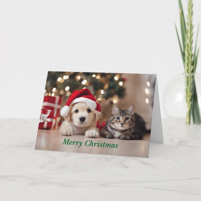 Cartes Pour Fêtes Annuelles Joyeux chat et chien de Noël (Devant)