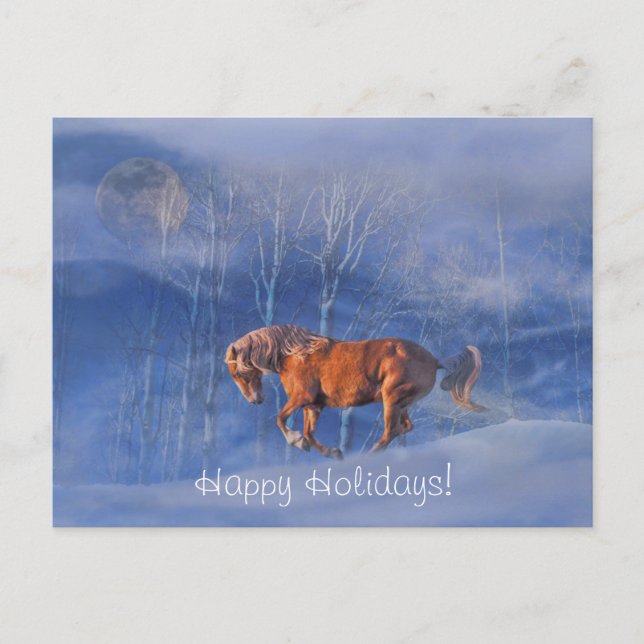 Cartes Pour Fêtes Annuelles Joyeux Cheval et Lune en neige (Devant)