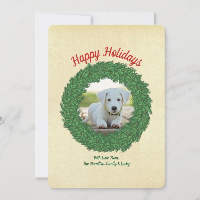 Cartes Pour Fêtes Annuelles Joyeux Chien de Fêtes dans Wreath Pet Photo (Devant)