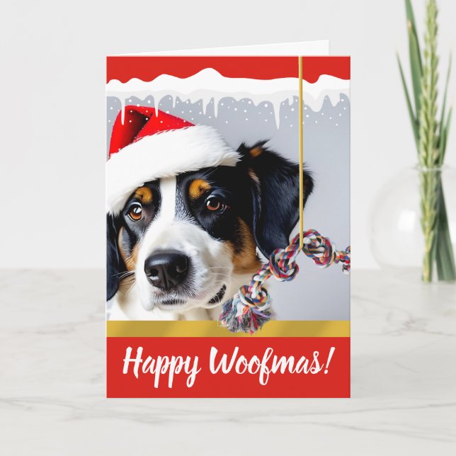 Cartes Pour Fêtes Annuelles Joyeux chien de Noël Woofmas dans la neige (Devant)