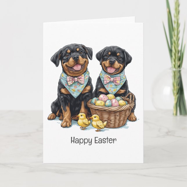 Cartes Pour Fêtes Annuelles Joyeux Chiens de Pâques Rottweiler Panier de Pâque (Devant)