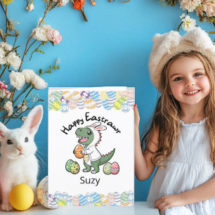 Cartes Pour Fêtes Annuelles Joyeux dinosaure de Pâques portant un manteau lapi