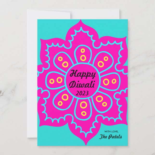 Cartes Pour Fêtes Annuelles Joyeux Diwali 2022 Rose Turquoise Blue Rangoli (Devant)