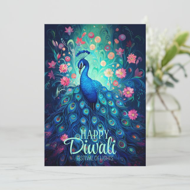 Cartes Pour Fêtes Annuelles Joyeux Diwali Festival des lumières Peacock (Debout devant)